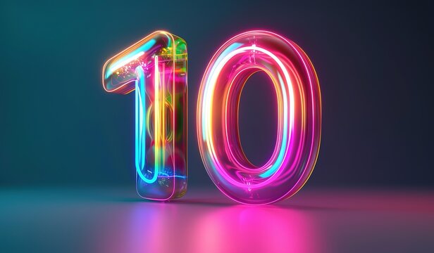 Bright neon lights forming the number 10, illuminating the dark surroundings with a colorful glow