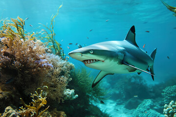 a grey shark with sharp teeth swimming in a beautiful blue ocean reef at an island with fishes,...
