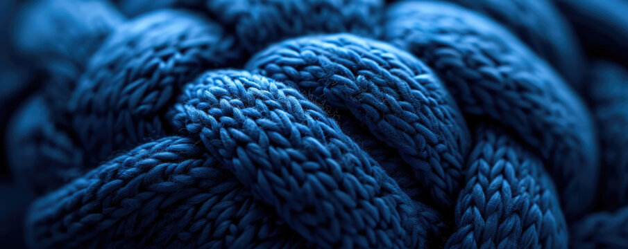 Seamless texture of blue knitted fabric for background. Texture of a machine knitted sweater. Blue knitted background.