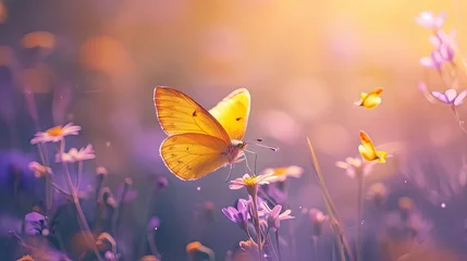 Fotobehang A golden butterfly alights on a flower amidst a surreal purple meadow under a warm, enchanted light. © Rattanathip