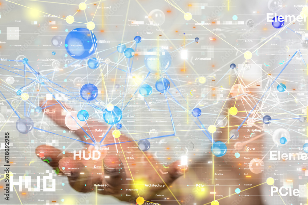 Poster Global network. Blockchain. 3D illustration. Neural networks and artificial intelligence. Abstract