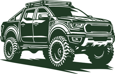 Stencil-style vector drawing of a contemporary pickup truck in monochrome presented in a half-turn on a white background