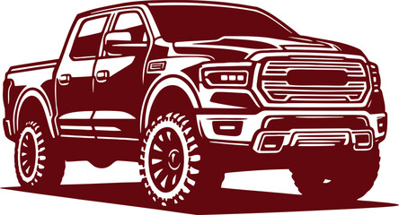 Modern pickup truck showcased in half-turn monochrome vector stencil isolated on a white background