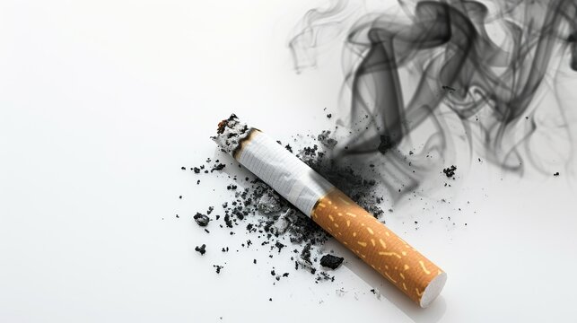 Smoker man put out cigarette close up. People smoke tobacco. Bad toxic habit. Nicotine narcotic addiction. Burned cigarettes ash on white background closeup. Stop quit smoking health care concept.