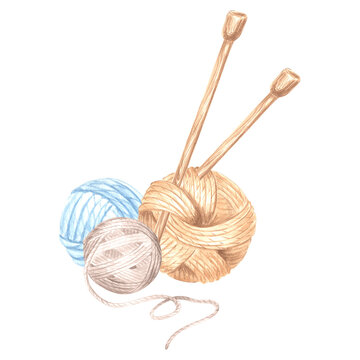 Three balls of thread and wooden knitting needles. Watercolor template illustration of tangles of wool knitting. Isolated hand drawn illustration for cards, knitter blog, needlework store, embroidery