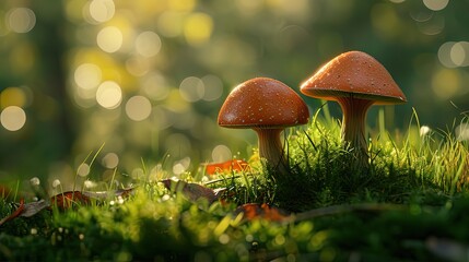 A pair of vibrant mushrooms emerges from the lush moss, bathed in the soft glow of the morning sun.