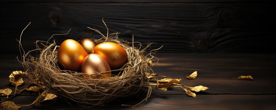 The golden eggs are pictured atop a nest on a black background. generative AI