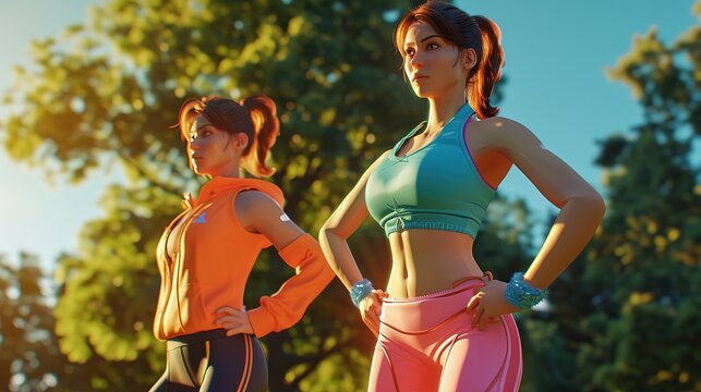 Two athletic women in workout attire poised and ready to start their run in a sunlit park filled with trees.