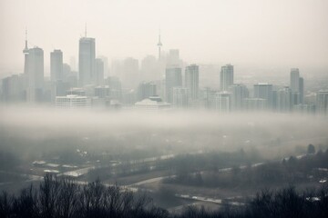 A misty urban landscape with hazy skyscrapers and buildings shining through the fog. Generative AI