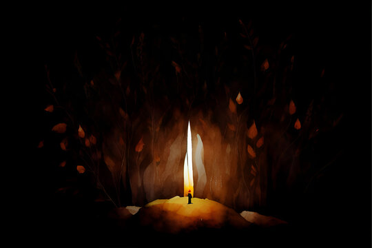 Small burning Candle burning in the darkness for peaceful somber spiritual enlightenment, hope, faith and warm emotions concept watercolor style