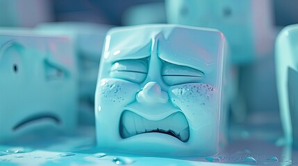 3D of a blue emoticon cube with a sad expression and tears, symbolizing emotions of sadness or distress in a digital format.
