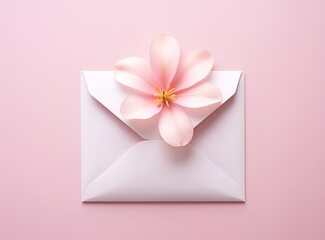 An empty envelope decorated with flowers next to it on a pink Background. generative AI