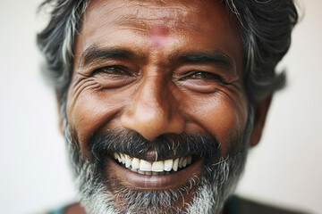 a handsome old senior asian indian model man smiling. used for a web or print ad. isolated on building house wall background.