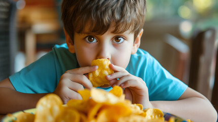 Close-up of Young Boy Eating Potato Chips Snack Time Concept - obrazy, fototapety, plakaty