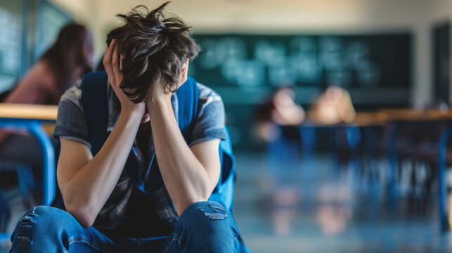 Bullying at high school concept. Upset bullied teen boy suffering sitting against the blurred classroom.