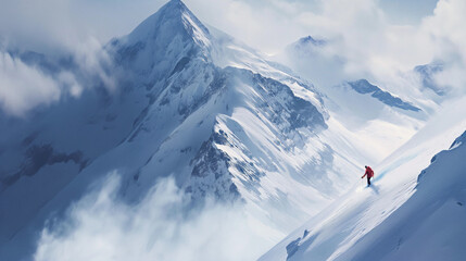 Schnee auf den Bergen und Alpen mit Skifahrer Kaiserwetter Problem Gletscherschmelze und Skitourismus wegen Schneemangel Generative AI - obrazy, fototapety, plakaty