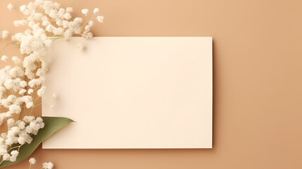 Wedding invitation card mockup with natural eucalyptus and white gypsophila plant twigs. Blank card mockup on beige background, generative ai