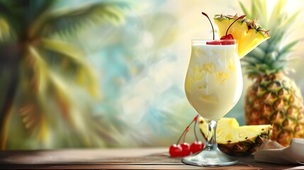 A tropical and refreshing piña colada cocktail, featuring a blend of creamy coconut milk, tangy pineapple juice, and smooth rum, garnished with a slice of fresh pineapple - obrazy, fototapety, plakaty