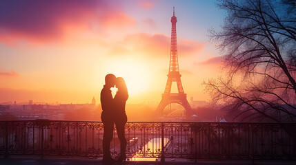 The City Of Love Paris, France - Valentine Day Concept, Couple Travel To Paris, Silhouette Of Lovers Kissing Near Eiffel Tower, Romantic Escape Destination For Valentines Day, Generative Ai - obrazy, fototapety, plakaty