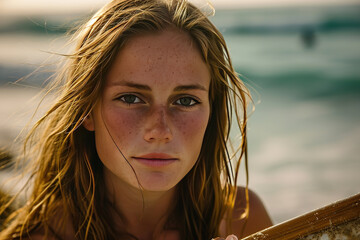 portrait of a beautiful attractive athletic fit american caucasian surfer girl holding a surfboard in her hands. ocean and beach blurry in the background.