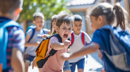 Group of children fighting at school. School bullying - obrazy, fototapety, plakaty