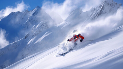 Naklejka na ściany i meble Schnee auf den Bergen und Alpen mit Skifahrer Kaiserwetter Problem Gletscherschmelze und Skitourismus wegen Schneemangel Generative AI
