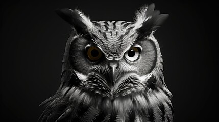 Close-up of an owl or owl with a stern look on a black background. Monochrome style. Illustration for cover, card, postcard, interior design, decor or print.