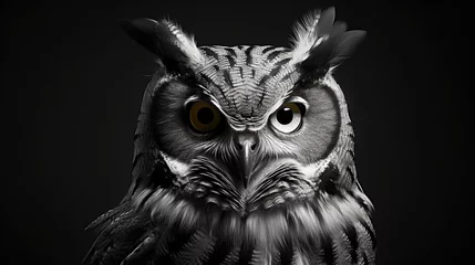 Zelfklevend Fotobehang Close-up of an owl or owl with a stern look on a black background. Monochrome style. Illustration for cover, card, postcard, interior design, decor or print. © Login