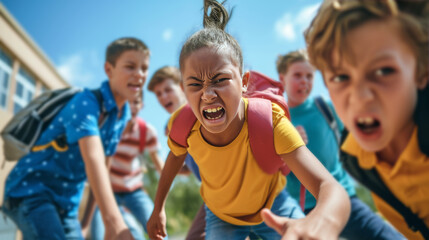 Group of children fighting at school. School bullying - obrazy, fototapety, plakaty