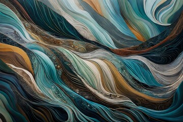 An abstract oil painting with intricate wavy patterns in cool, soothing colors