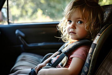 a candid photo of a cute young little blonde white caucasian american kid sitting in the child seat in the family car.