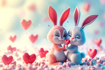 Colorful Cartoon couple of Rabbits with Expressive Face in love and valentines hearts, Cute and Whimsical valentines day card
