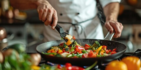 Chef in an apron stirring vegetables in a frying pan - obrazy, fototapety, plakaty