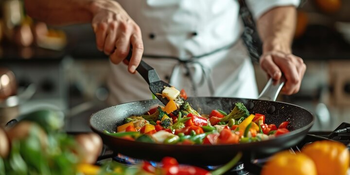 Chef in an apron stirring vegetables in a frying pan