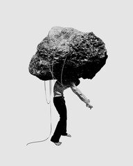 Man with giant heavy stone connected to him with rinks. Expectations, social pressure, negative...
