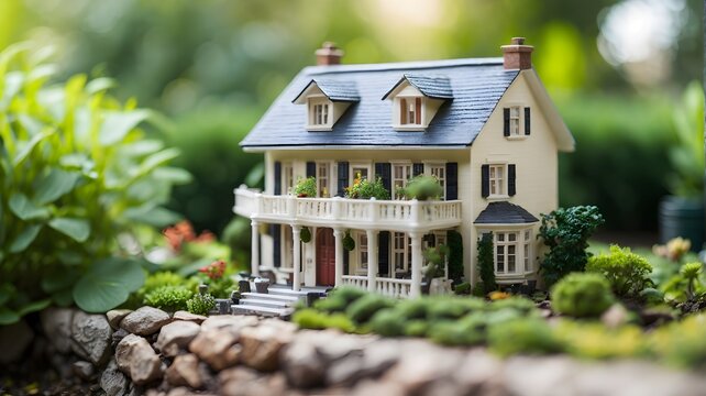 Miniature house model with green garden background. Real estate concept.