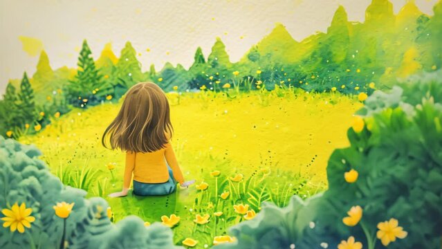 Cute watercolor paniting of a little girl in nature background.