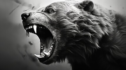 Close-up of an angry bear's face. A toothy grizzly in monochrome style. Animal in the habitat. Illustration for cover, card, postcard, interior design, banner, poster, brochure or presentation.