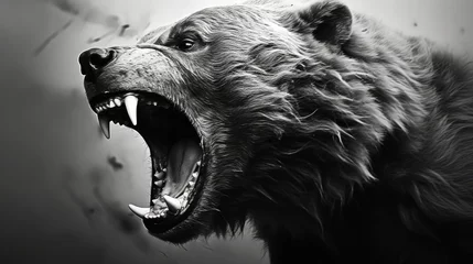 Fotobehang Close-up of an angry bear's face. A toothy grizzly in monochrome style. Animal in the habitat. Illustration for cover, card, postcard, interior design, banner, poster, brochure or presentation. © Login