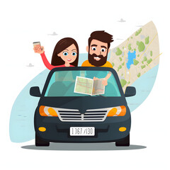 Young couple navigating with a gps in their car isolated on white background, detailed, png
