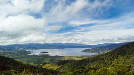 General panoramic view of La Cocha lagoon during the day in Nariño - Colombia