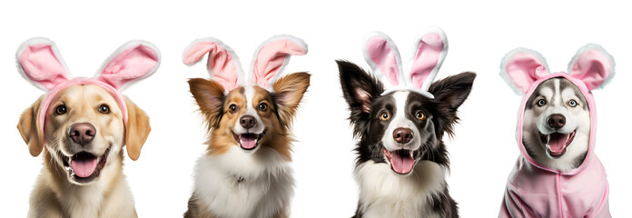 Dog Set Banner: Cute Pet Ready for Easter in Bunny Costume with Rabbit Ears, Isolated on Transparent Background, PNG