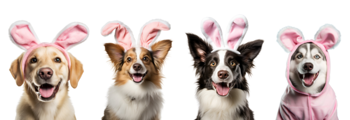 Dog Set Banner: Cute Pet Ready for Easter in Bunny Costume with Rabbit Ears, Isolated on Transparent Background, PNG