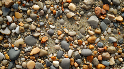 Assorted beach pebbles and stones naturally scattered on sand