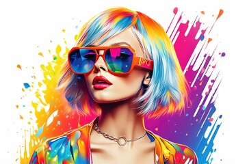 Naklejka premium Beautiful young woman in sunglasses. Fashionable image of the model. The female image is drawn. Illustration for poster, cover, brochure, card, postcard, interior design or print.