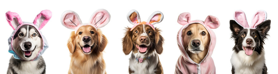 Easter Costume of Bunny with Rabbit Ears: Banner of Cute Pet in Dog Set Ready, Isolated on...
