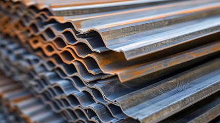 Stacked corrugated metal sheets with rust and patterns