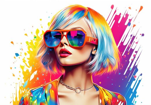 Beautiful young woman in sunglasses. Fashionable image of the model. The female image is drawn. Illustration for poster, cover, brochure, card, postcard, interior design or print.