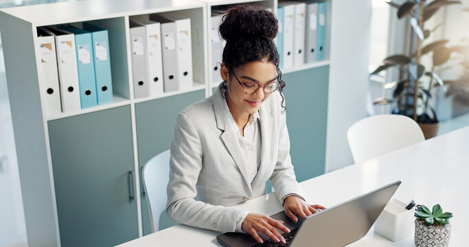 Happiness, laptop and typing professional woman, advocate or government attorney reading feedback review. Corporate research, law firm and business lawyer working on legal project development plan