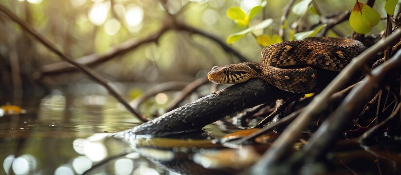 A mesmerizing view of a nonvenomous brown water snake elegantly coiled on a cluster of branches, suspended above the serene waters, captures the essence of nature's tranquility.